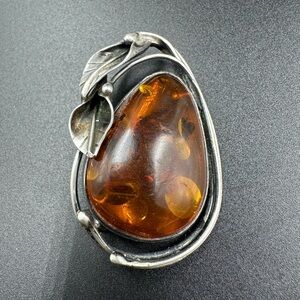 Vintage Baltic Amber and Sterling Silver Art Deco Statement Brooch